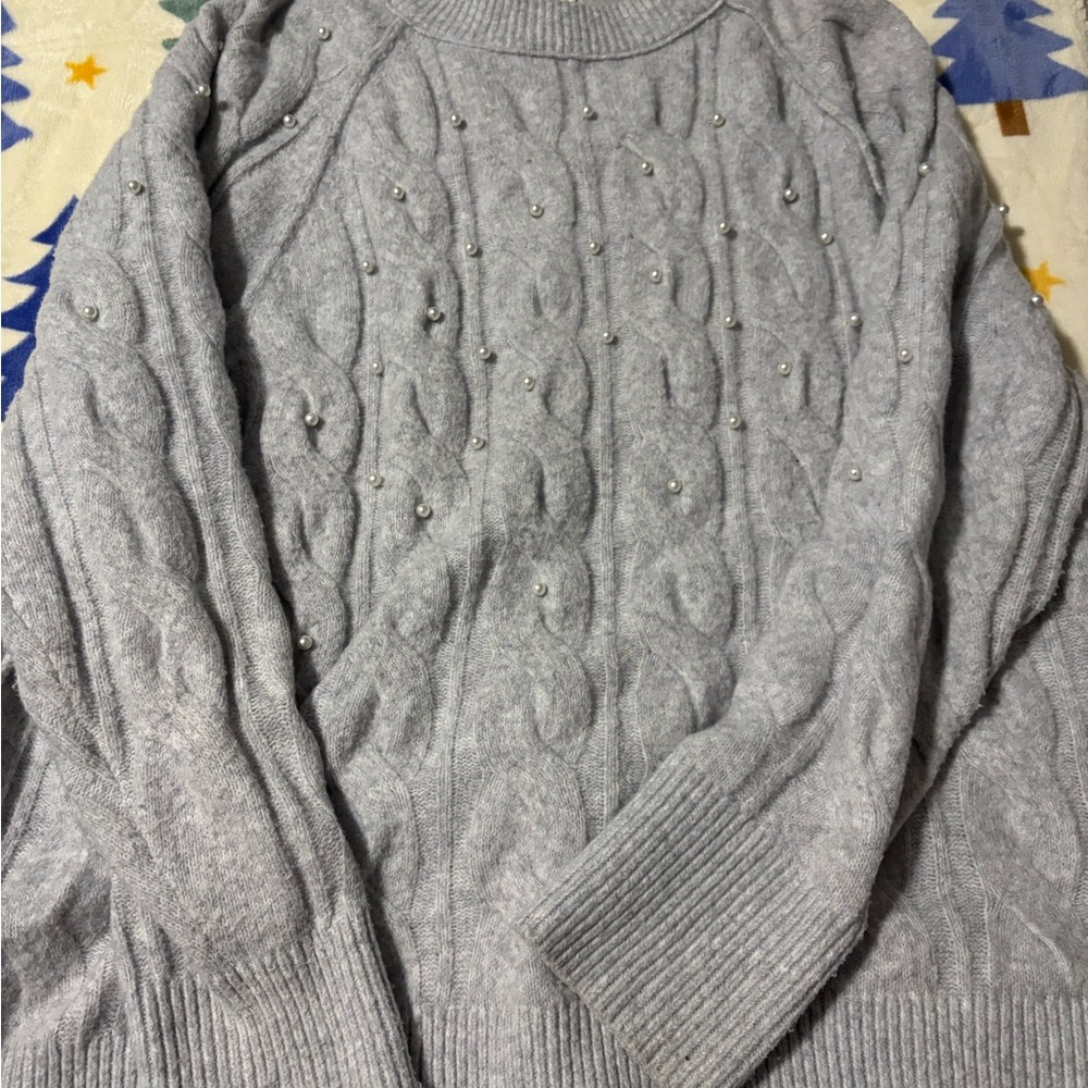 Aerie Light Gray Cable Knit Sweater with Pearl Details